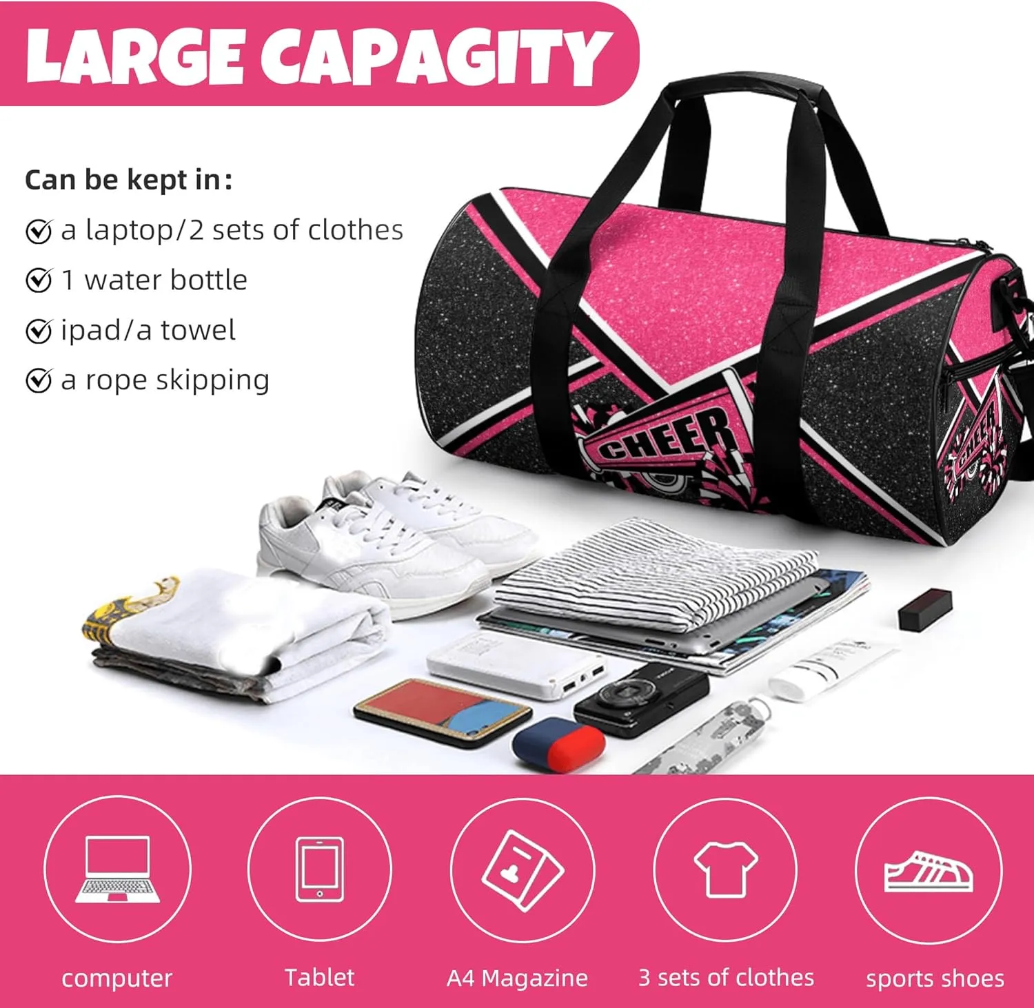 Cheer Duffel Bags for Cheerleaders, Cheerleading Gym Bag, Carry on Weekender Bags, Travel Bag Duffel Bag (Rosered)