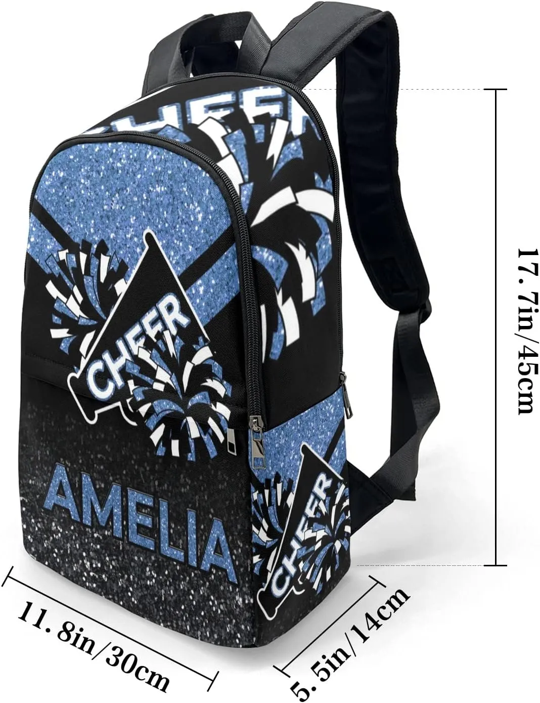 Cheerleader Blue Personalized Backpack for Teen Boys Girls,Custom Travel Backpack Bookbag Casual Bag Name Gift 11.8"(L) x 5.51"(W) x 17.72"(H)
