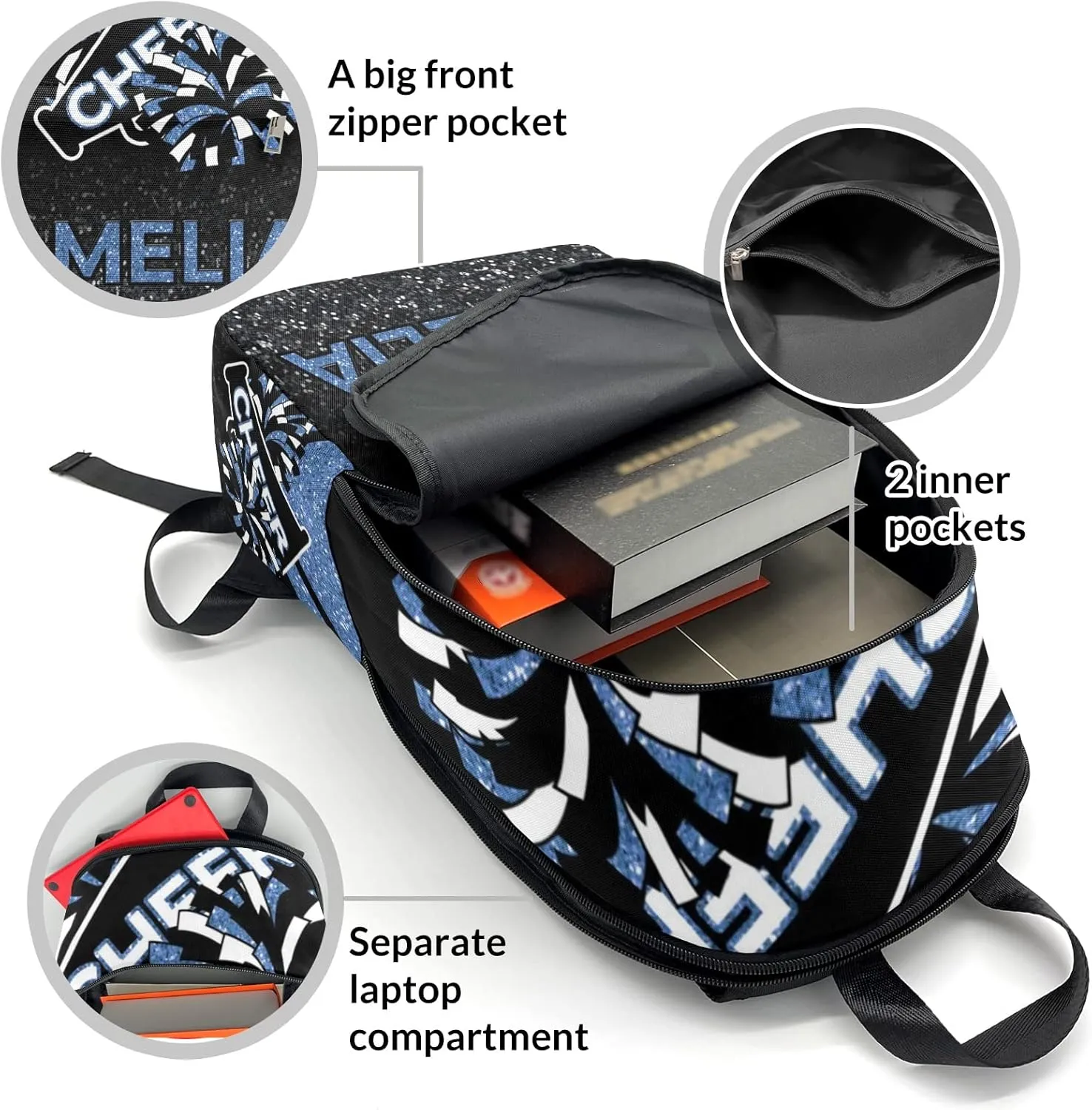 Cheerleader Blue Personalized Backpack for Teen Boys Girls,Custom Travel Backpack Bookbag Casual Bag Name Gift 11.8"(L) x 5.51"(W) x 17.72"(H)