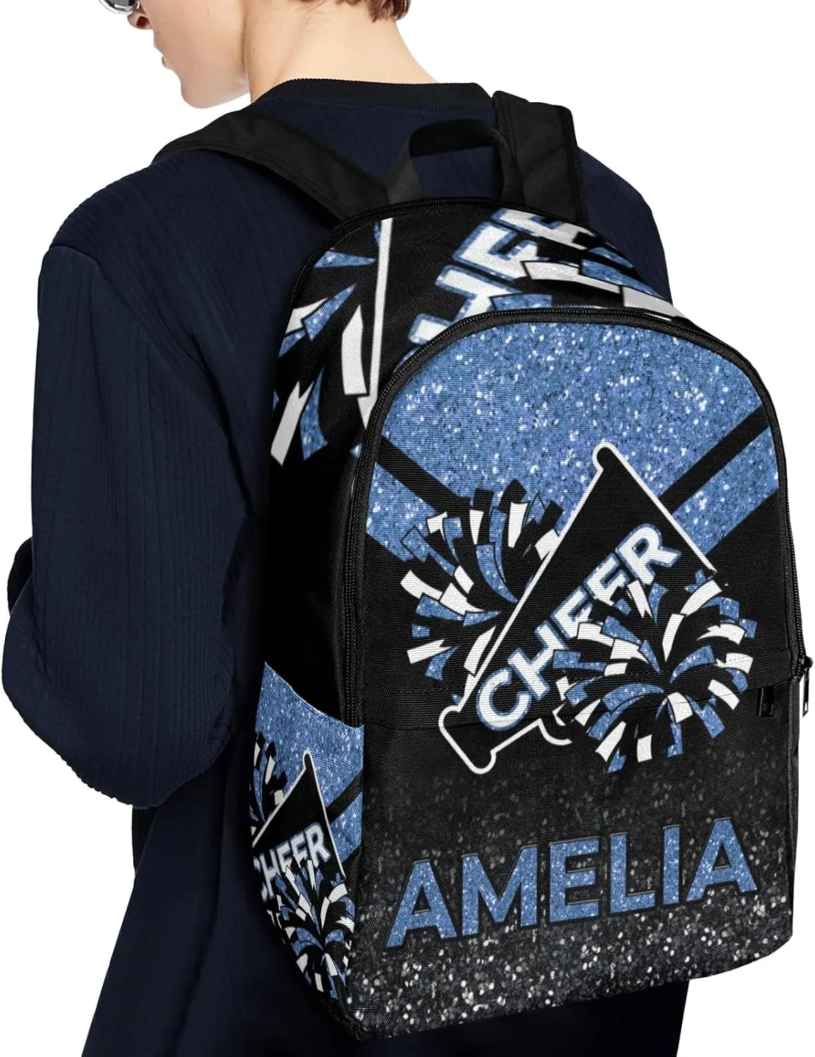 Cheerleader Blue Personalized Backpack for Teen Boys Girls,Custom Travel Backpack Bookbag Casual Bag Name Gift 11.8"(L) x 5.51"(W) x 17.72"(H)