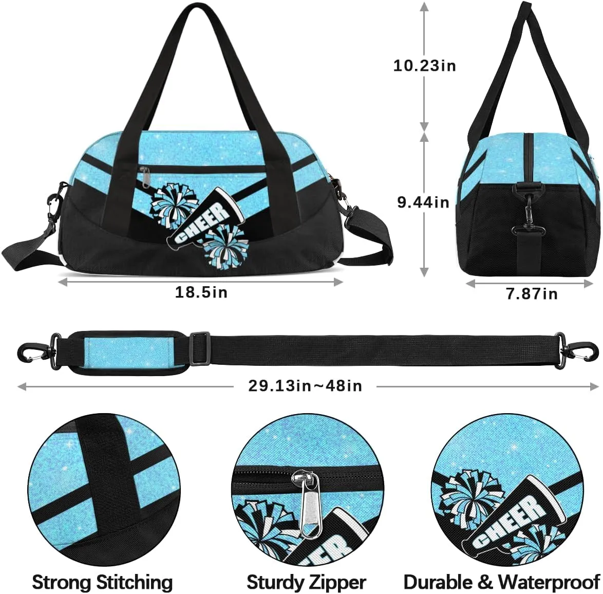 Cheerleading Kids Overnight Duffel Bags for Girls Blue Glitter Sport Gym Bag Duffel Bag for Travel Weekender Practice Gymnastics Ballet School Gym Sleepover Bag