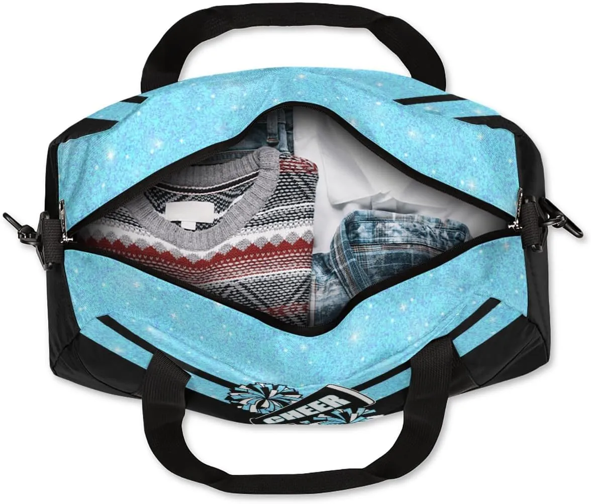 Cheerleading Kids Overnight Duffel Bags for Girls Blue Glitter Sport Gym Bag Duffel Bag for Travel Weekender Practice Gymnastics Ballet School Gym Sleepover Bag