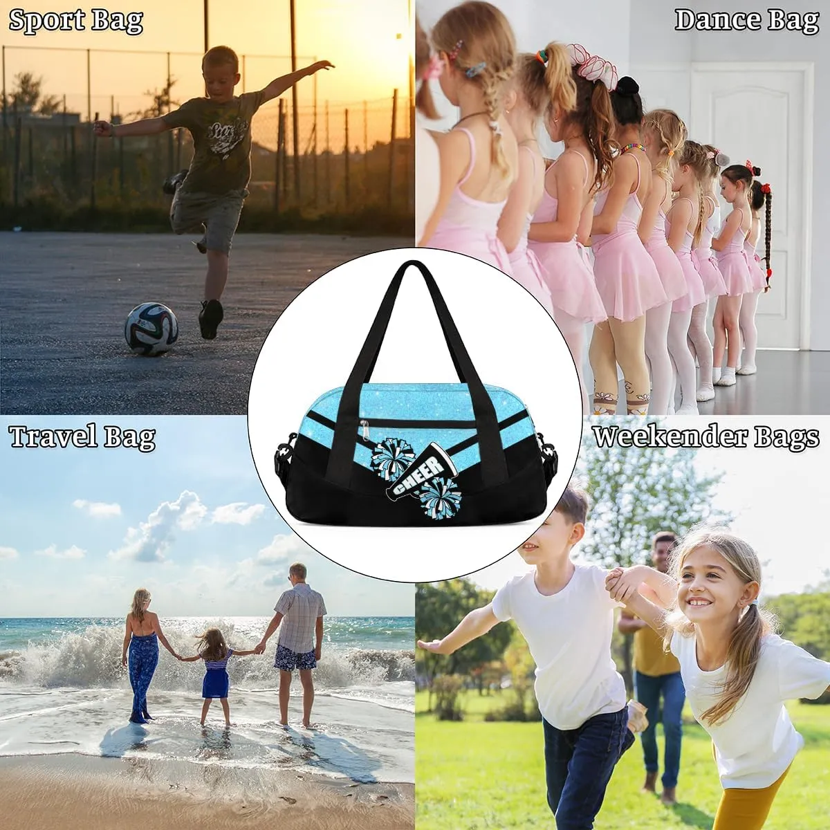 Cheerleading Kids Overnight Duffel Bags for Girls Blue Glitter Sport Gym Bag Duffel Bag for Travel Weekender Practice Gymnastics Ballet School Gym Sleepover Bag