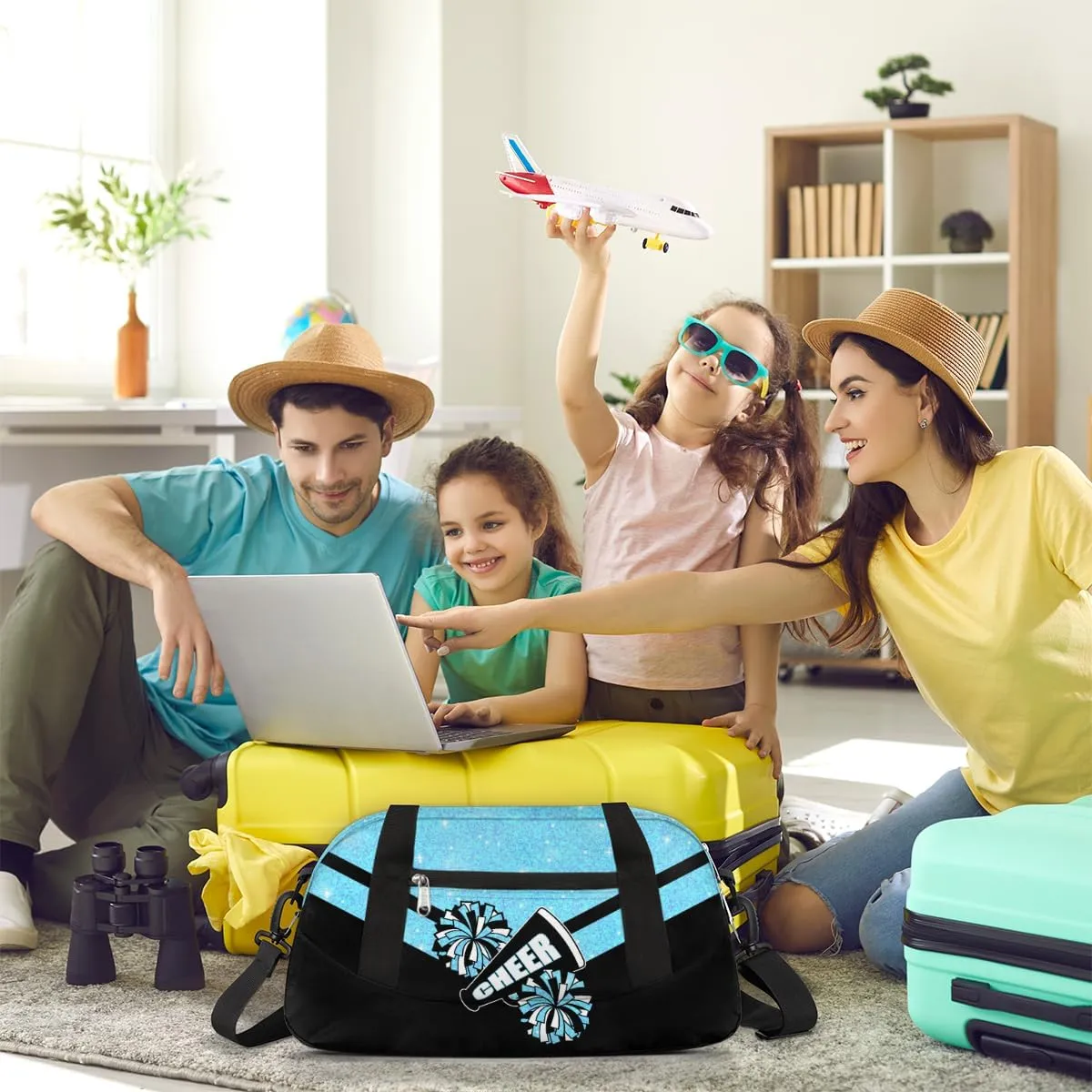 Cheerleading Kids Overnight Duffel Bags for Girls Blue Glitter Sport Gym Bag Duffel Bag for Travel Weekender Practice Gymnastics Ballet School Gym Sleepover Bag