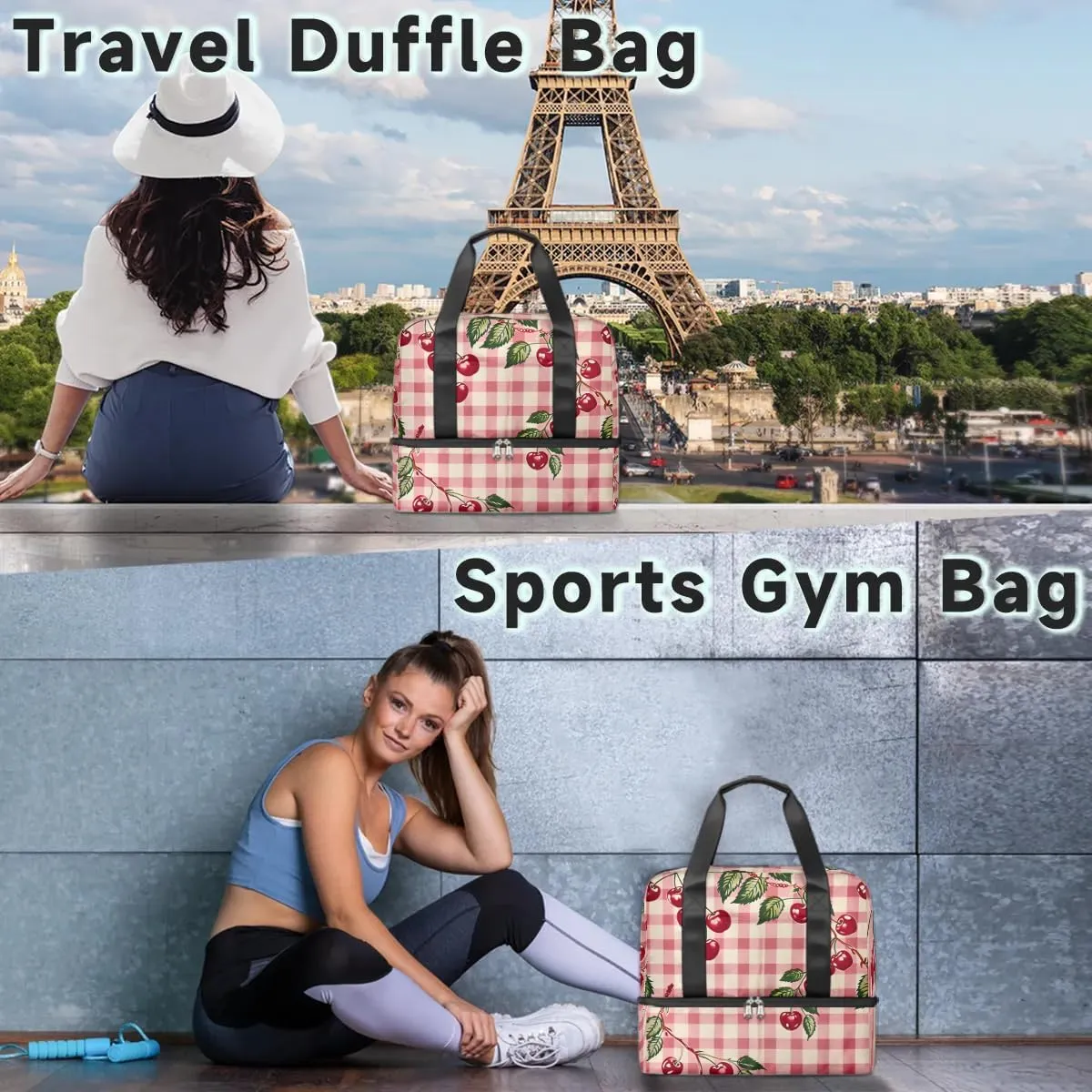 Cherries Check Plaid Travel Duffel Bag Dry Wet Separated Sports Tote Travel Duffle Bag Gym Workout Bag Women Travel Duffel Bag for Women, Travel, Gym, Work
