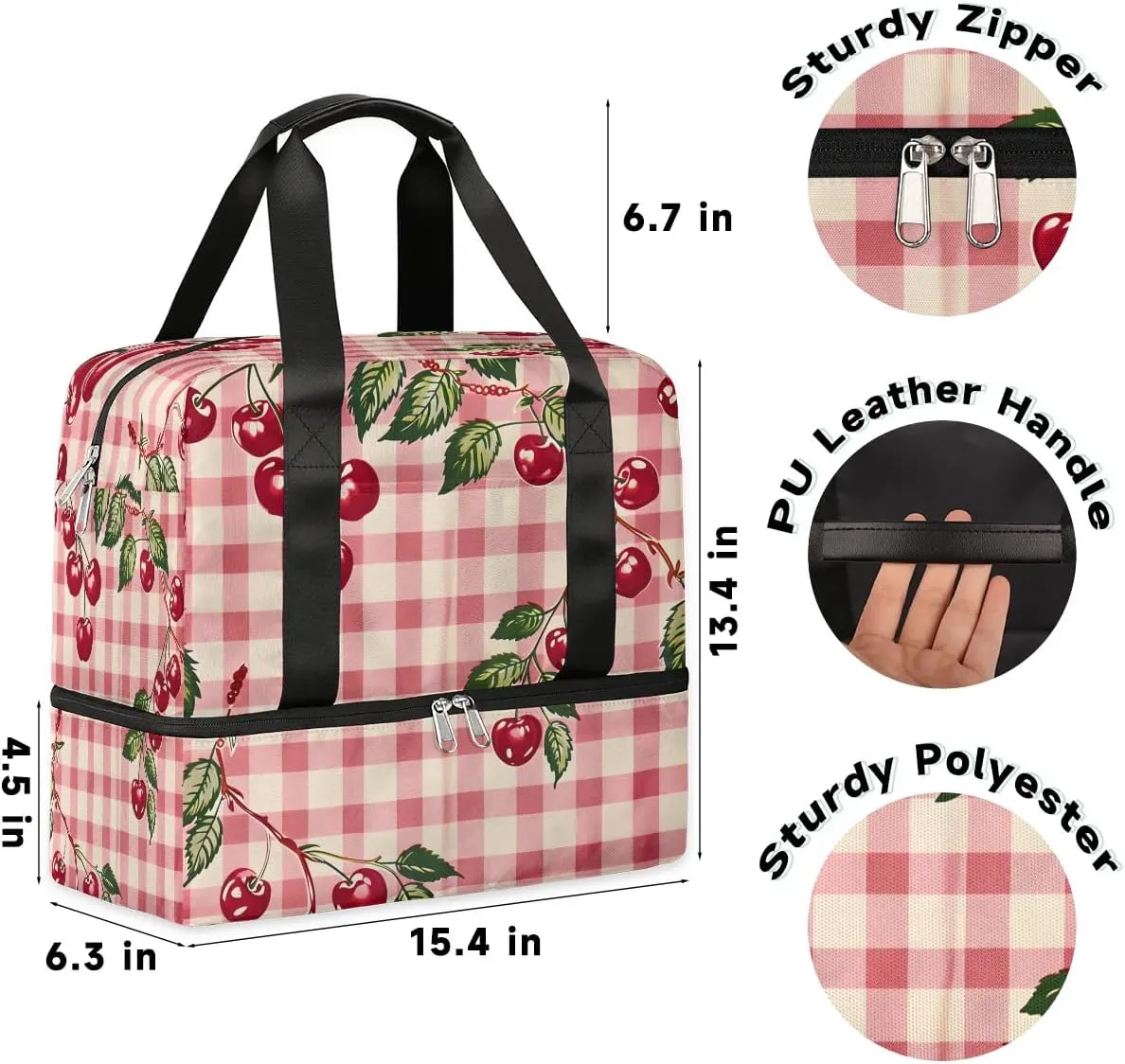 Cherries Check Plaid Travel Duffel Bag Dry Wet Separated Sports Tote Travel Duffle Bag Gym Workout Bag Women Travel Duffel Bag for Women, Travel, Gym, Work
