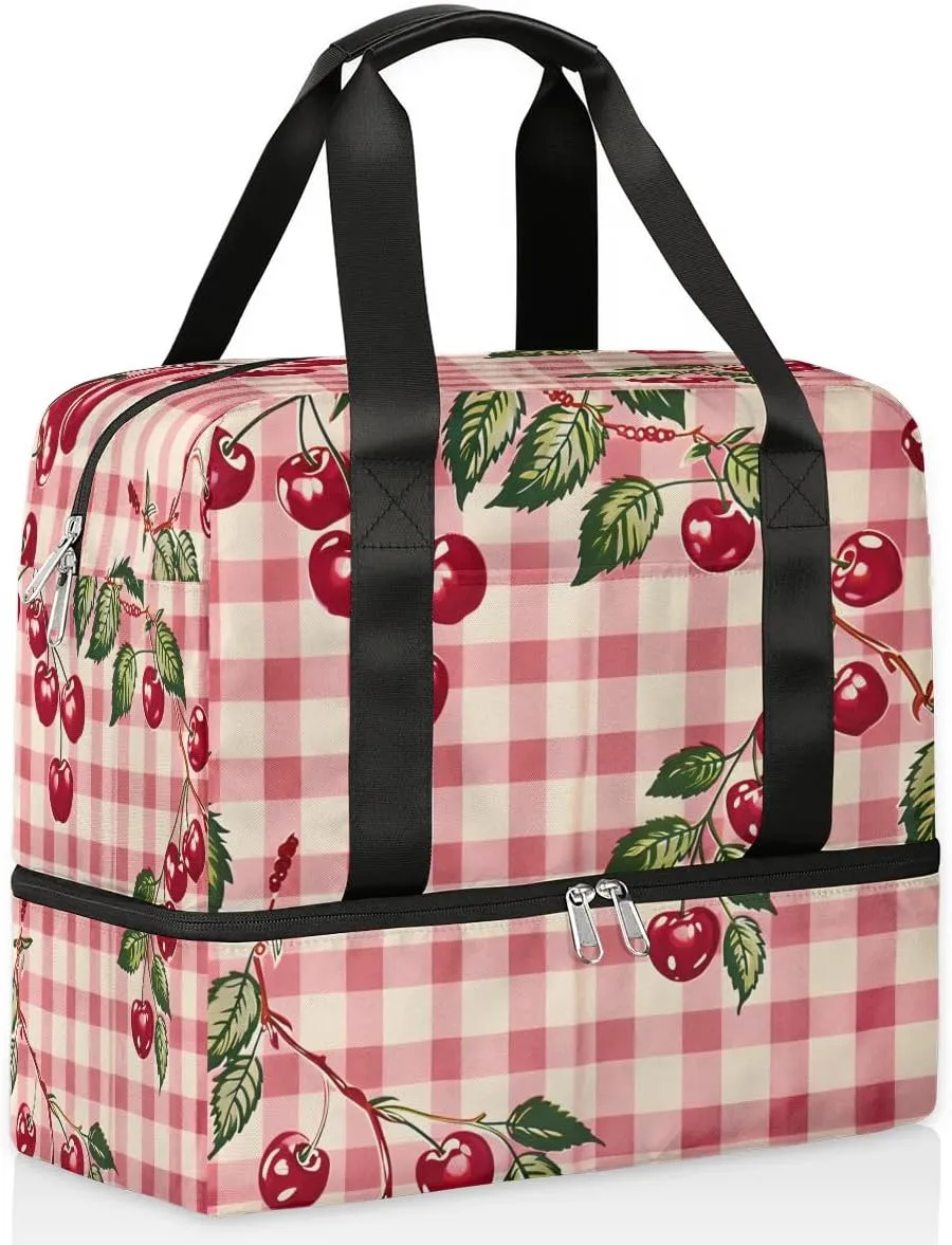 Cherries Check Plaid Travel Duffel Bag Dry Wet Separated Sports Tote Travel Duffle Bag Gym Workout Bag Women Travel Duffel Bag for Women, Travel, Gym, Work