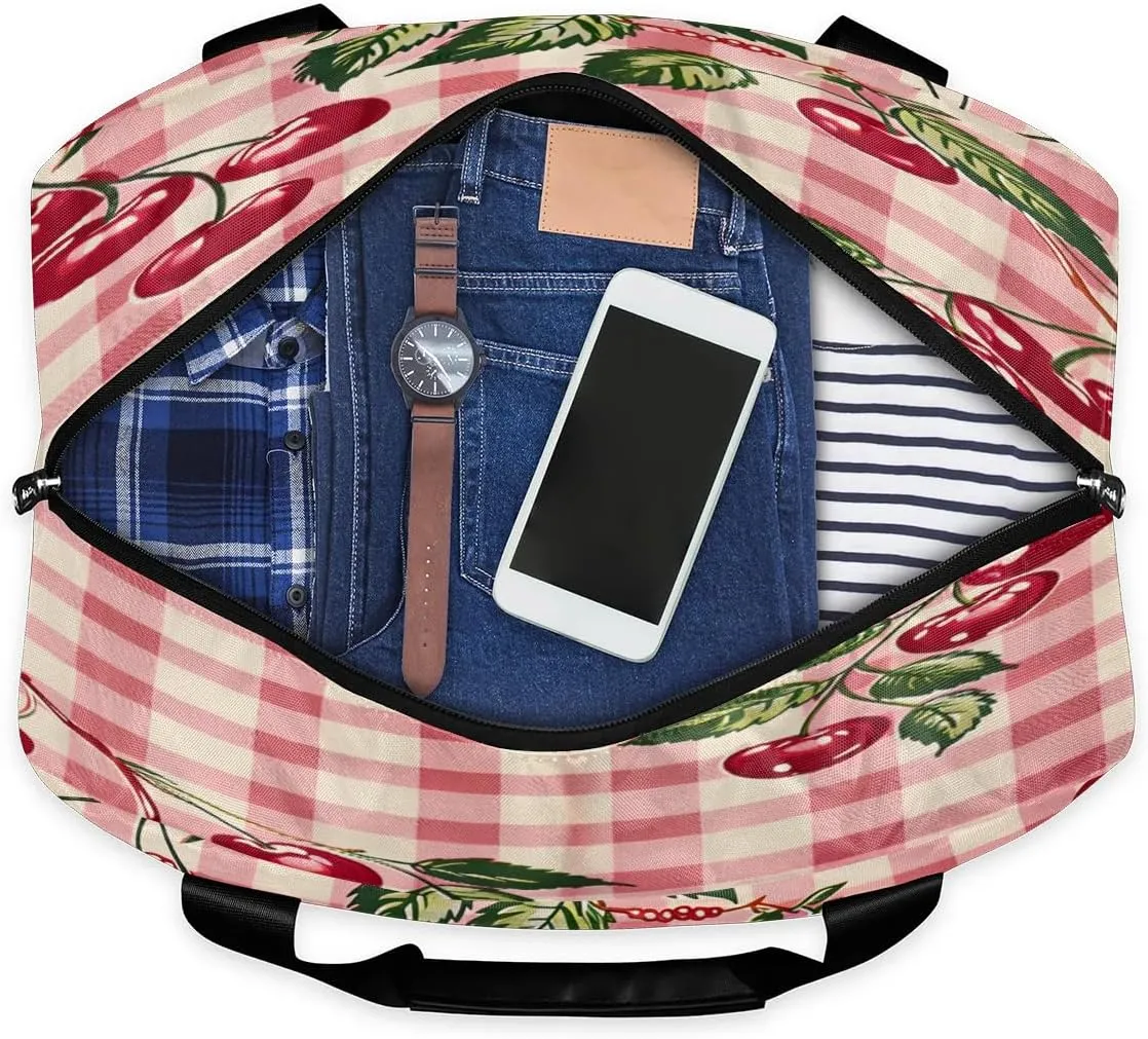 Cherries Check Plaid Travel Duffel Bag Dry Wet Separated Sports Tote Travel Duffle Bag Gym Workout Bag Women Travel Duffel Bag for Women, Travel, Gym, Work