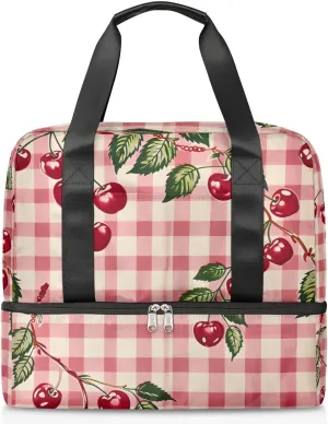 Cherries Check Plaid Travel Duffel Bag Dry Wet Separated Sports Tote Travel Duffle Bag Gym Workout Bag Women Travel Duffel Bag for Women, Travel, Gym, Work