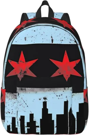Chicago Skyline Flag Canvas Backpacks Laptop Backpack Multipurpose Double Shoulder Bag for Men Women Gifts Small