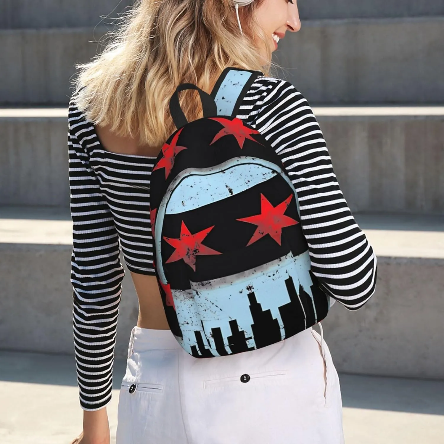 Chicago Skyline Flag Canvas Backpacks Laptop Backpack Multipurpose Double Shoulder Bag for Men Women Gifts Small