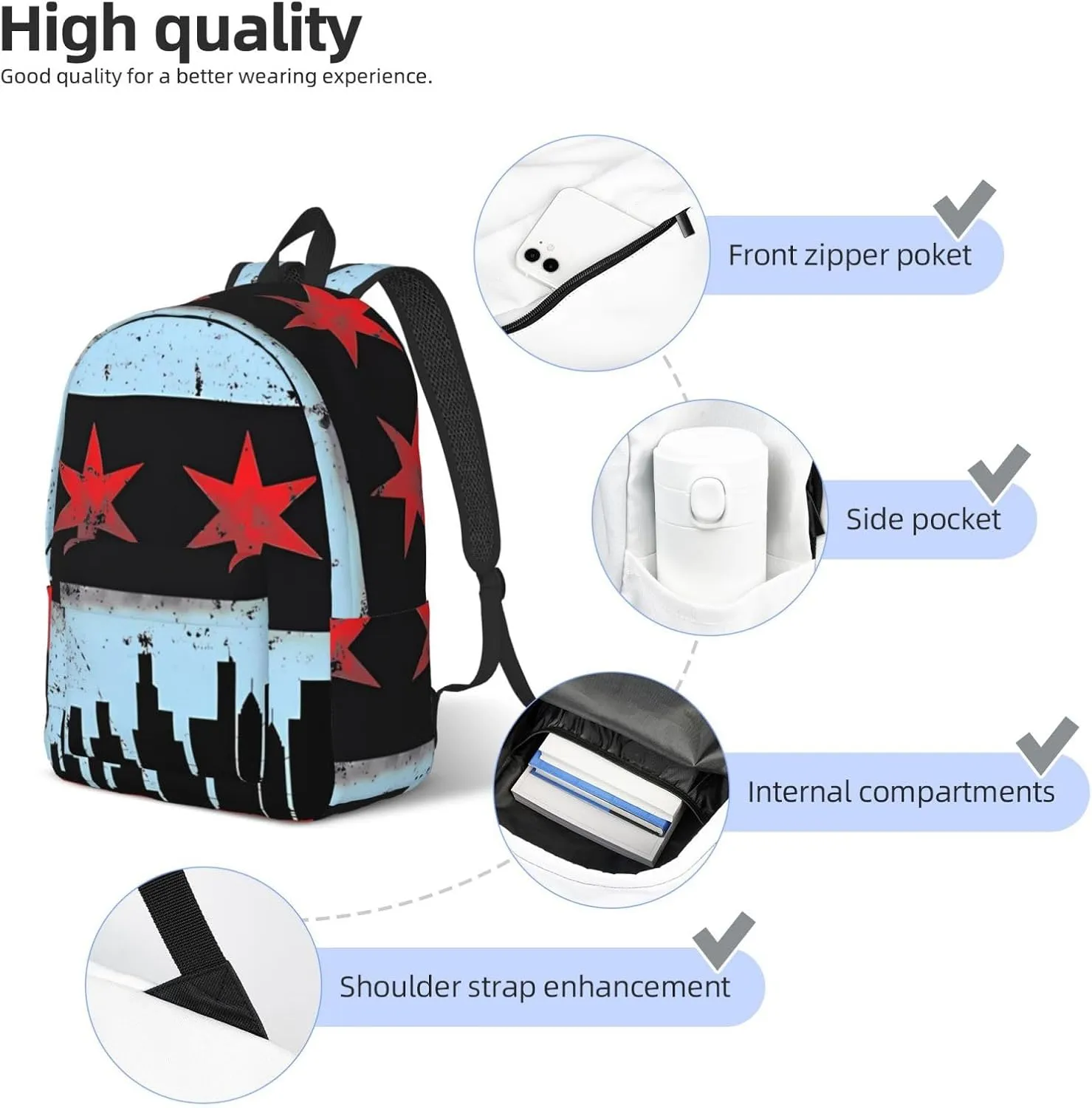 Chicago Skyline Flag Canvas Backpacks Laptop Backpack Multipurpose Double Shoulder Bag for Men Women Gifts Small