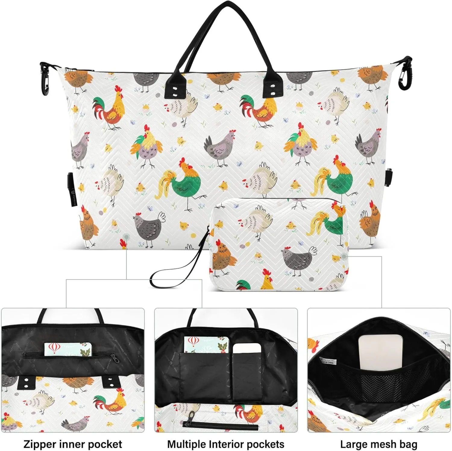 Chicken Farm Birds Animal Duffle Bag for Travel Make up Bags Set, Flower Womens Small Gym Bag Carry on Tote