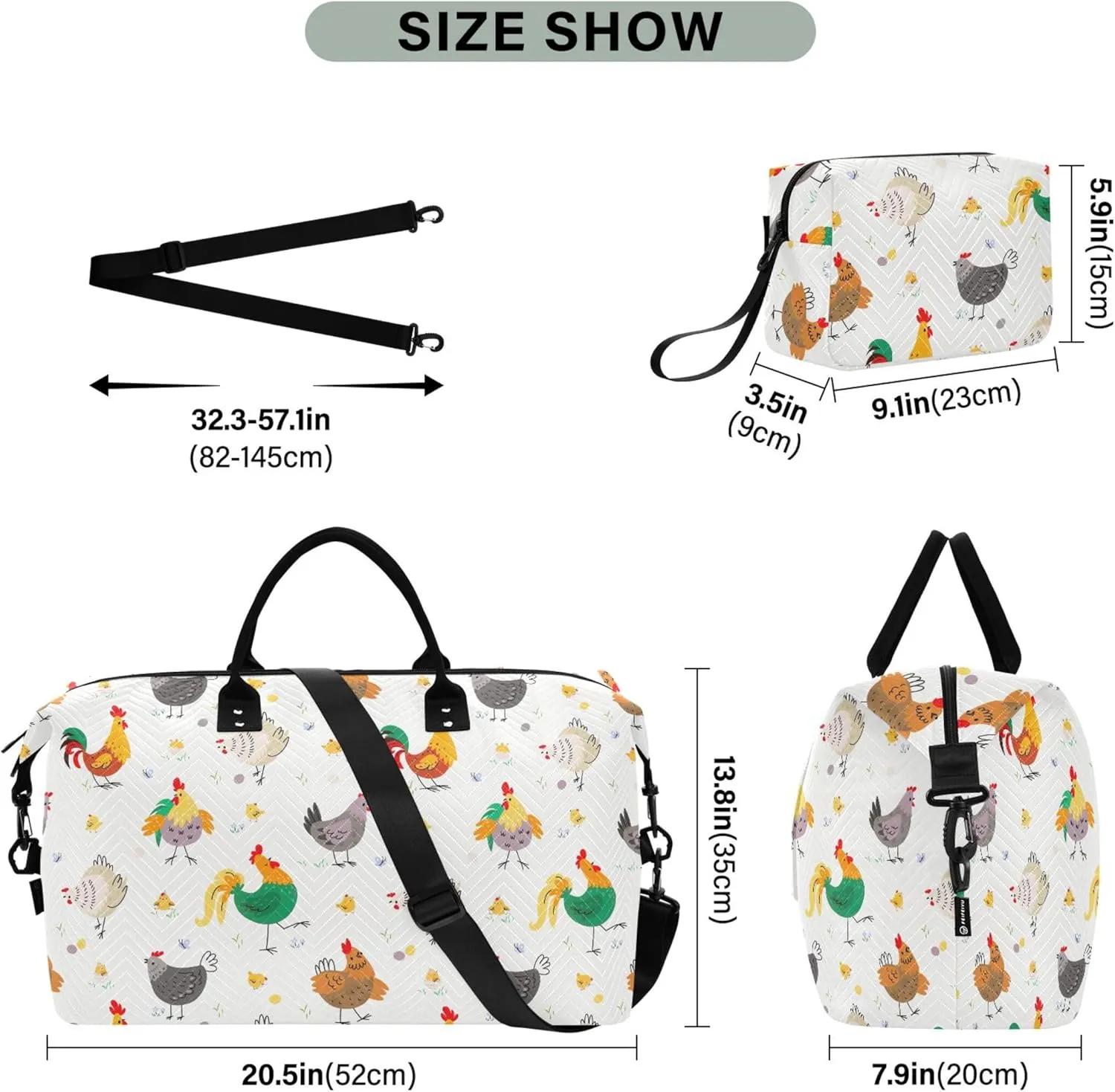 Chicken Farm Birds Animal Duffle Bag for Travel Make up Bags Set, Flower Womens Small Gym Bag Carry on Tote