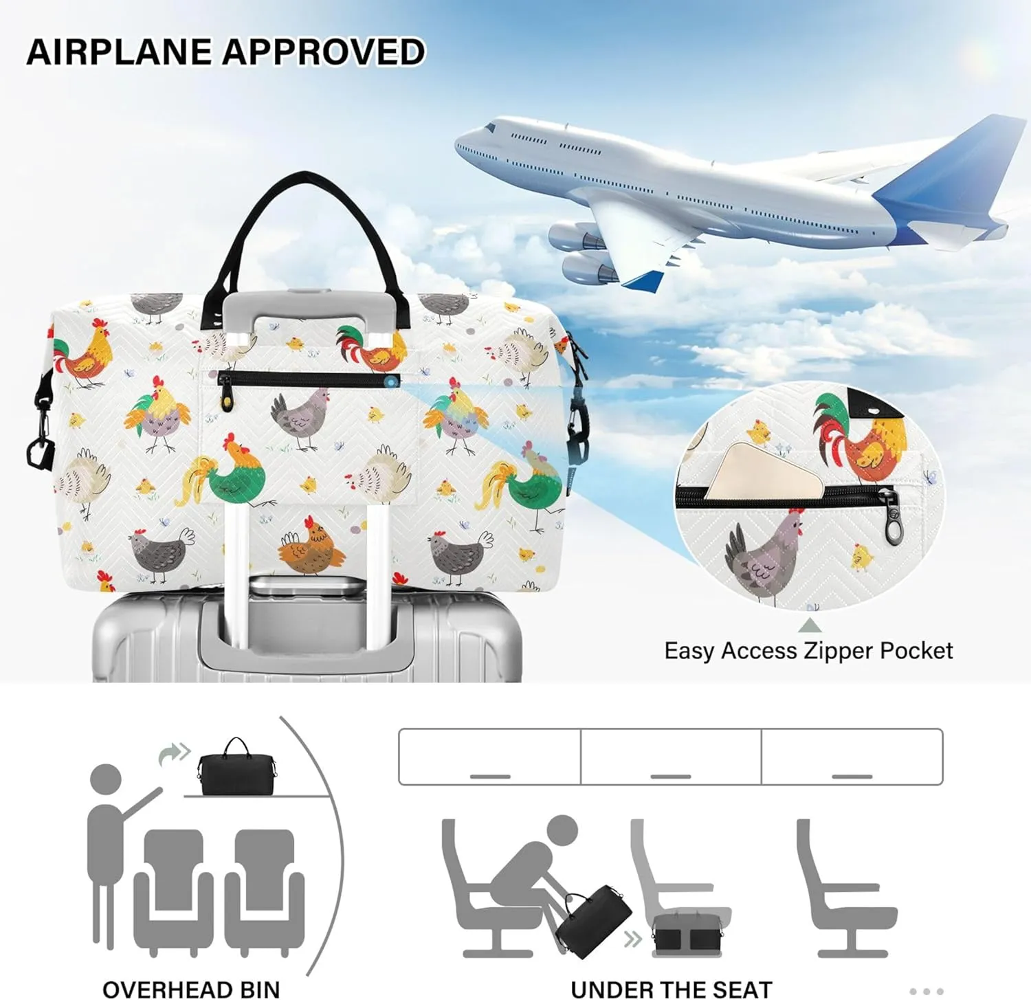 Chicken Farm Birds Animal Duffle Bag for Travel Make up Bags Set, Flower Womens Small Gym Bag Carry on Tote
