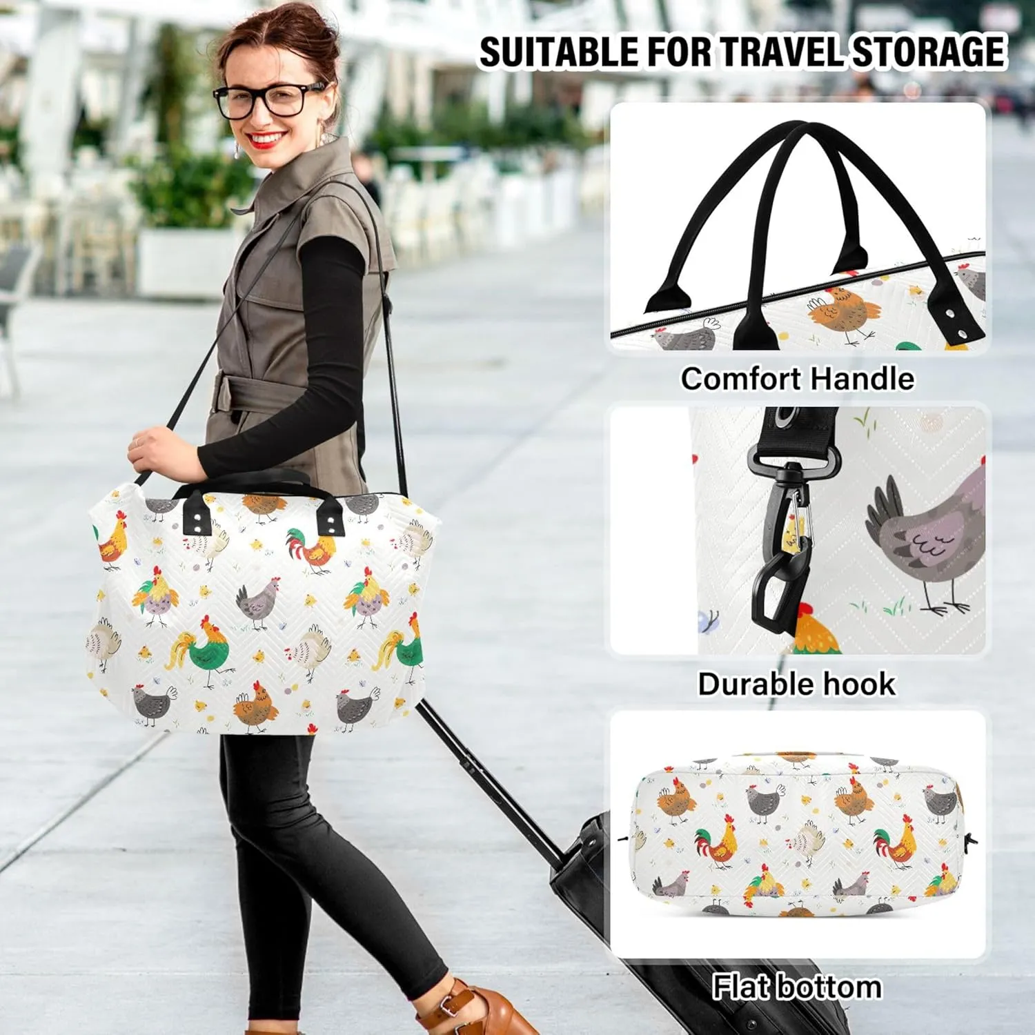 Chicken Farm Birds Animal Duffle Bag for Travel Make up Bags Set, Flower Womens Small Gym Bag Carry on Tote