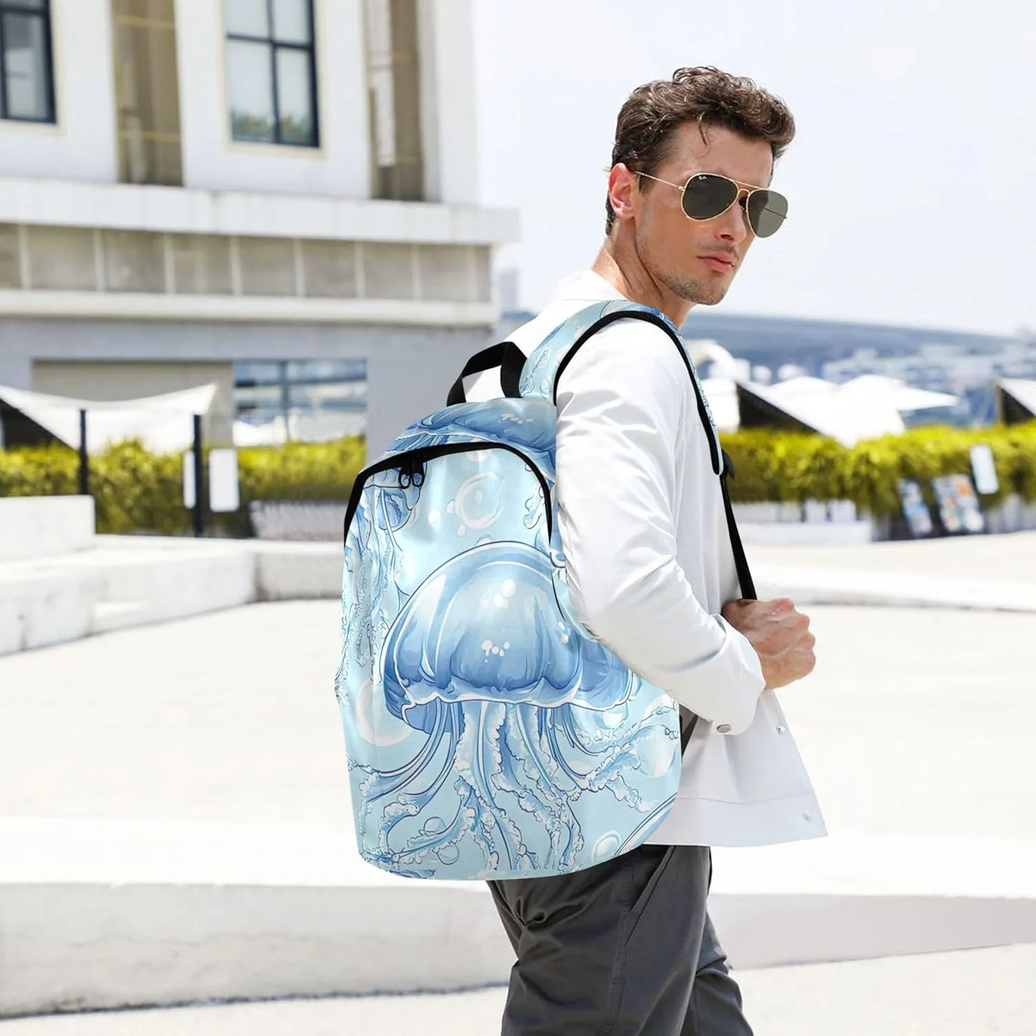 CHIFIGNO Blue Pink Casual Womens Backpack Cute Daypack Blue Jellyfish Waterproof Cool College Backpacks for Girls