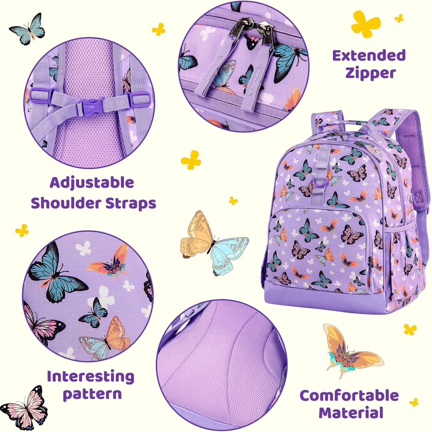 Choco Mocha Butterfly Backpack for Girls, Purple, 15 inch
