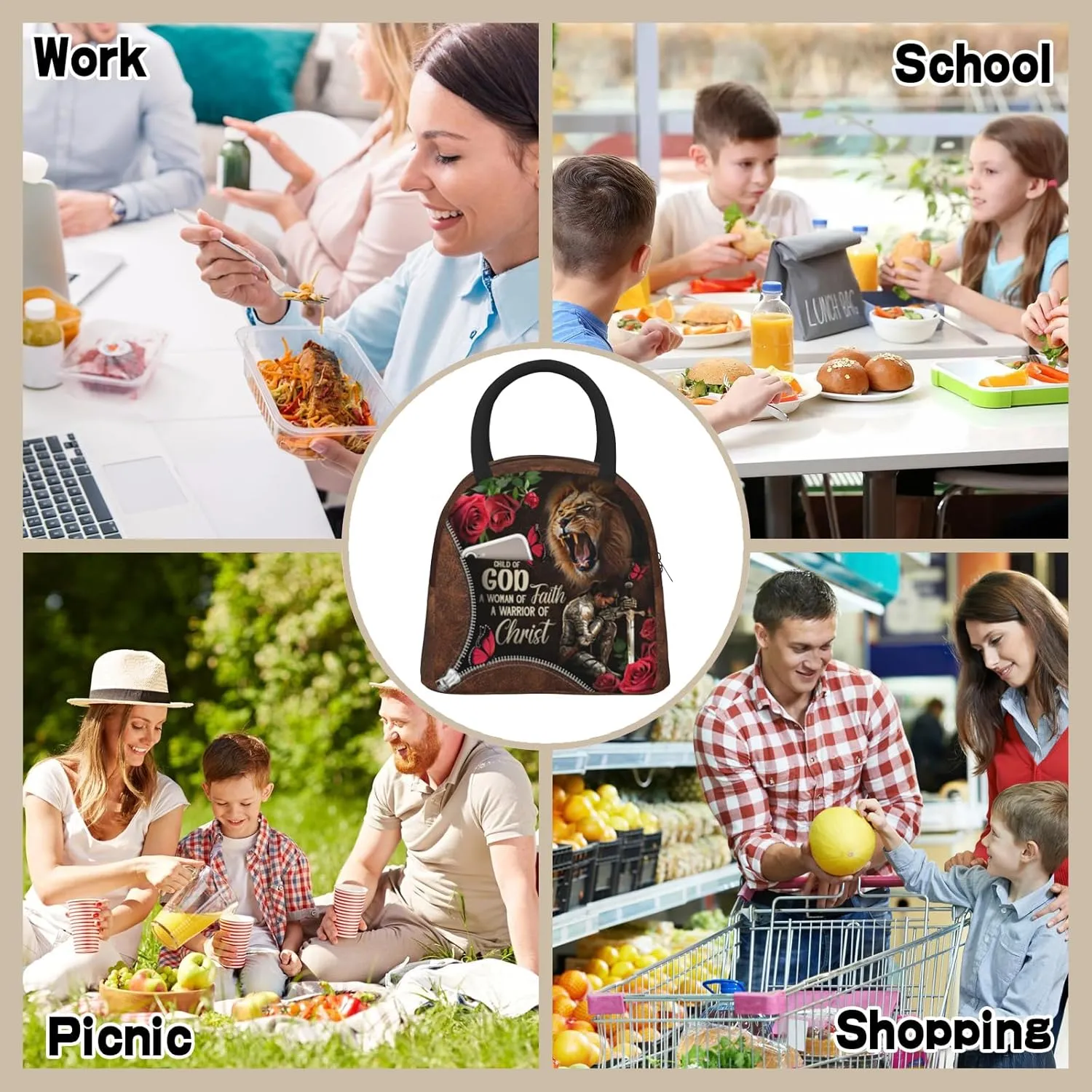 Christian Bible Verses Lunch Box for Women Christian Woman Warrior Lunchbox Inspirational Scripture Insulated Religious Reusable Lunch Tote Bag for Church Office Work Travel