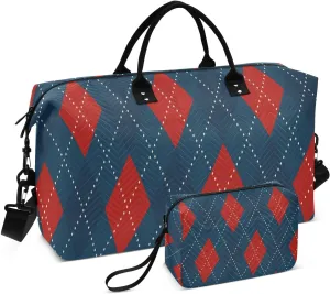 Christmas Blue Red Dimond Motif Argyle Travel Gym Duffel Bag Quilted Weekender Bags Carry on Overnight Tote Bag for Women Men