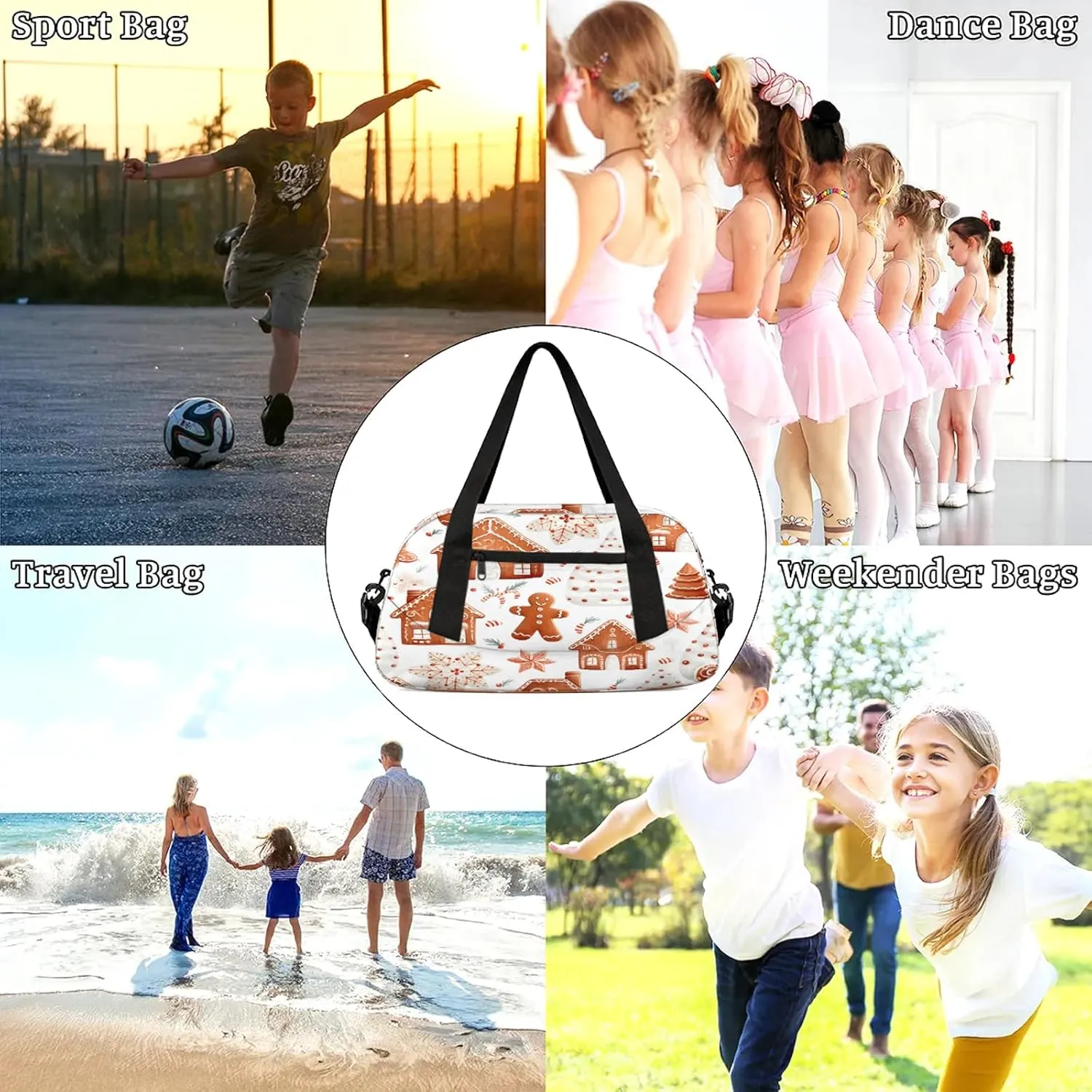 Christmas Cute Gingerbread Man Kids Duffel Bag Lightweight Waterproof Sports Gym Bag with Front Zipper Pocket Foldable Weekender Overnight Bag for School Practice Gymnastic Ballet
