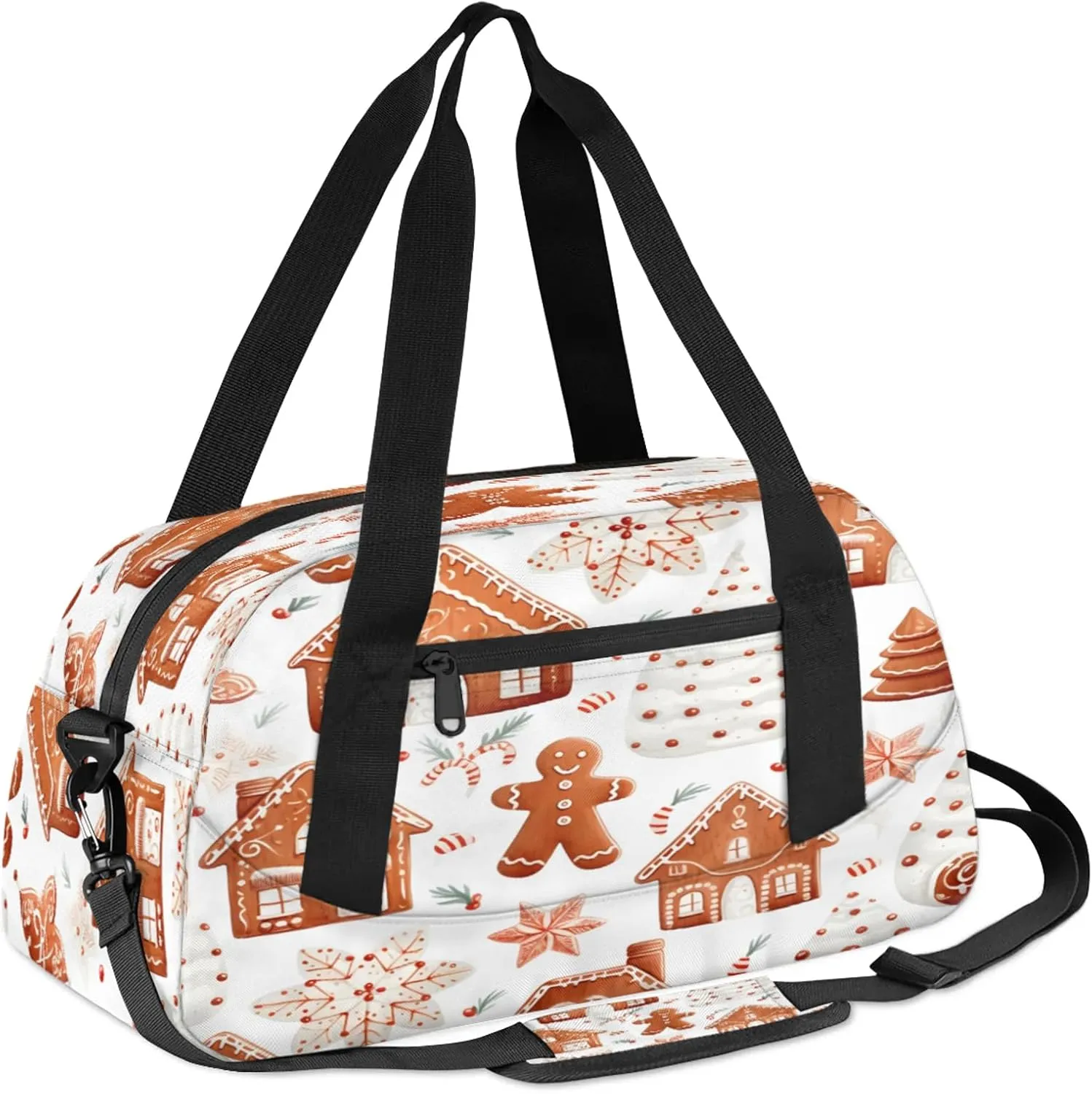 Christmas Cute Gingerbread Man Kids Duffel Bag Lightweight Waterproof Sports Gym Bag with Front Zipper Pocket Foldable Weekender Overnight Bag for School Practice Gymnastic Ballet