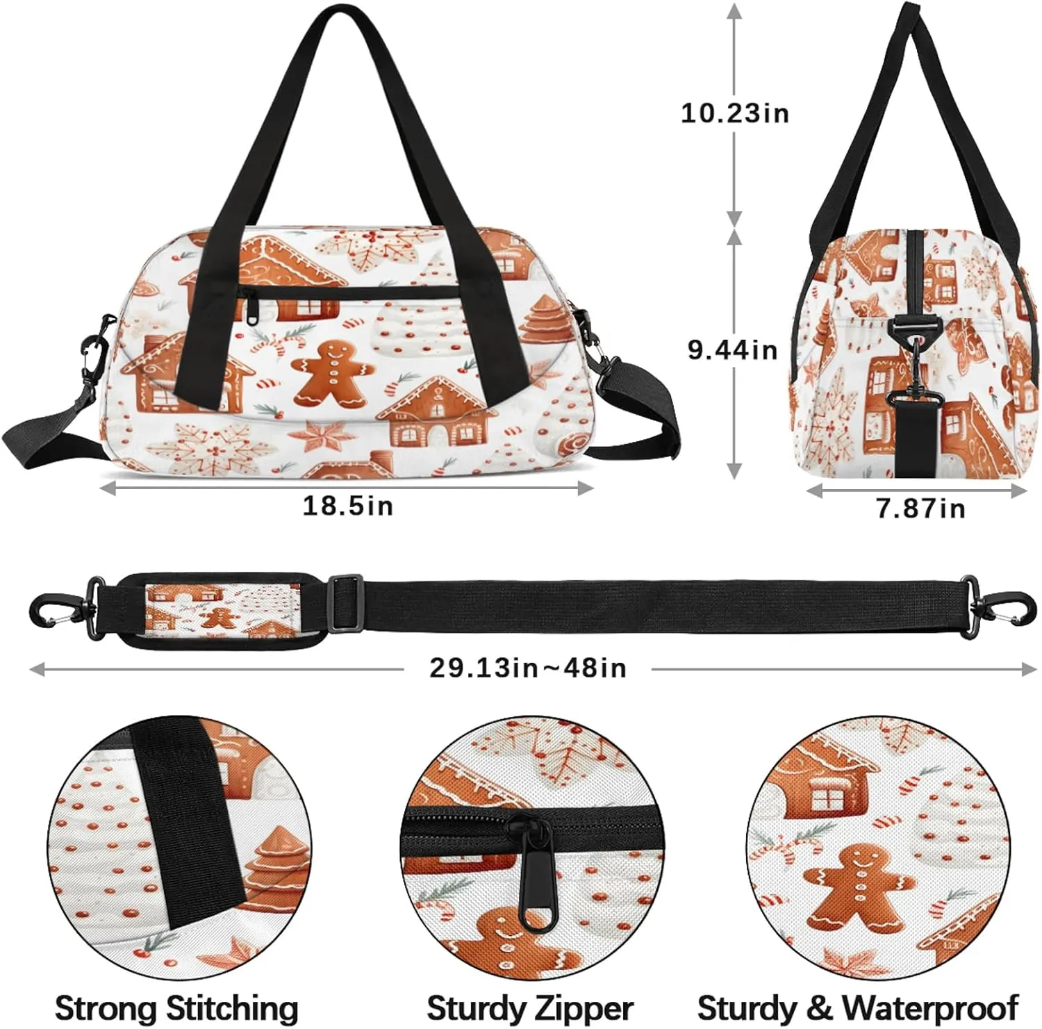 Christmas Cute Gingerbread Man Kids Duffel Bag Lightweight Waterproof Sports Gym Bag with Front Zipper Pocket Foldable Weekender Overnight Bag for School Practice Gymnastic Ballet