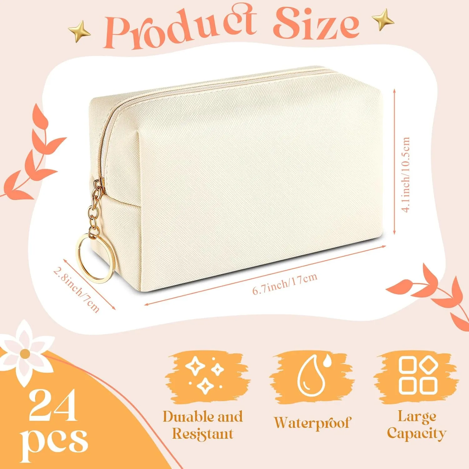 Chunful 24 Pcs Preppy Makeup Bag PU Leather Cosmetic Bag Bulk Makeup Plain Pouch Waterproof Toiletry Purse for Women Traveling Preppy Pencil Case Travel Purse Cosmetic(Beige)
