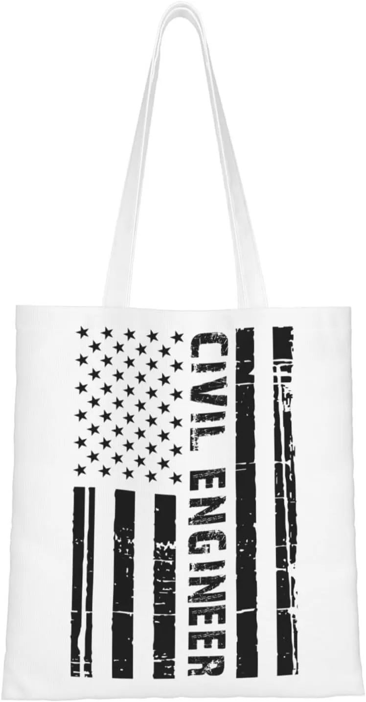 Civil Engineer Usa Flag Tote Bag for Women Canvas Shopping Bags Reusable Large Capacity Casual Shoulder Handbags Grocery Bags DIY Gift Bags