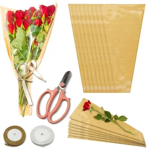 CKGFlowers 50pcs large Flower bags for bouquets, Floral Wrapping Paper with 2 Ribbons Florist Wrap supplies and 1 pcs Garden Flower Floral Scissors with confortable Grip handles