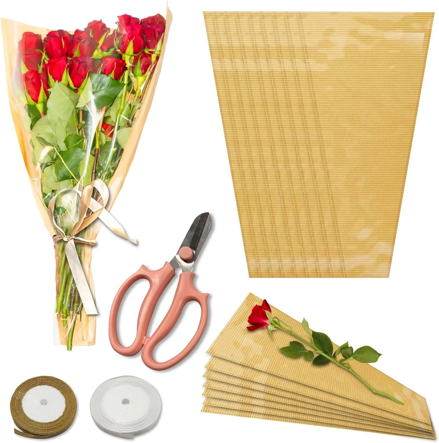 CKGFlowers 50pcs large Flower bags for bouquets, Floral Wrapping Paper with 2 Ribbons Florist Wrap supplies and 1 pcs Garden Flower Floral Scissors with confortable Grip handles