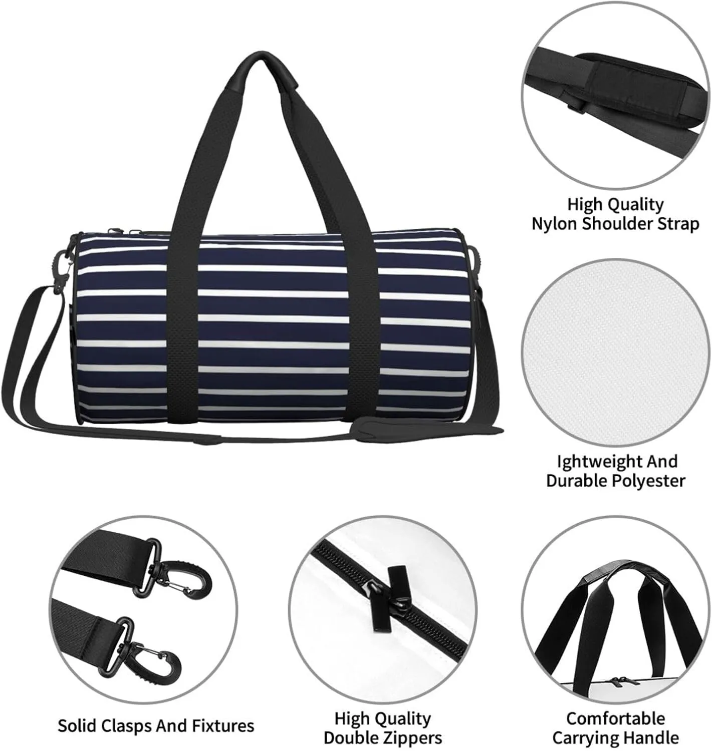 Classic Navy Blue And White Stripes horizontal striped Round Travel Duffel Bag Large Capacity Gym Sports Bags for Hiking Vacation Trips