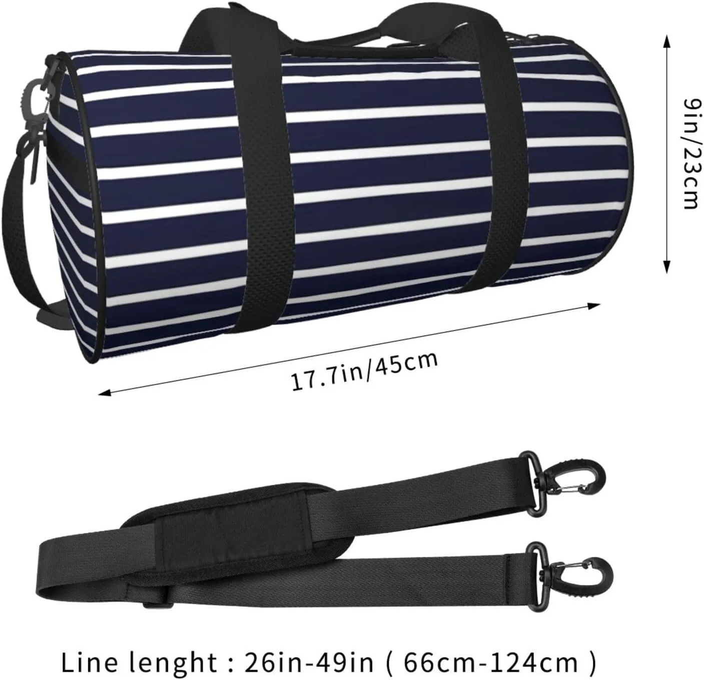 Classic Navy Blue And White Stripes horizontal striped Round Travel Duffel Bag Large Capacity Gym Sports Bags for Hiking Vacation Trips