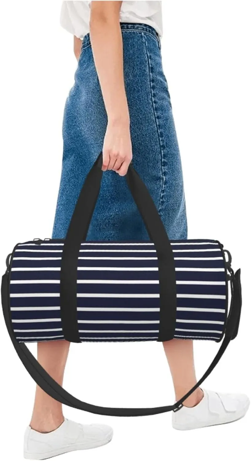 Classic Navy Blue And White Stripes horizontal striped Round Travel Duffel Bag Large Capacity Gym Sports Bags for Hiking Vacation Trips