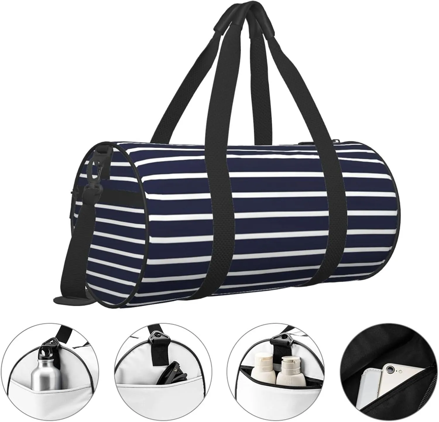 Classic Navy Blue And White Stripes horizontal striped Round Travel Duffel Bag Large Capacity Gym Sports Bags for Hiking Vacation Trips