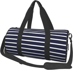 Classic Navy Blue And White Stripes horizontal striped Round Travel Duffel Bag Large Capacity Gym Sports Bags for Hiking Vacation Trips