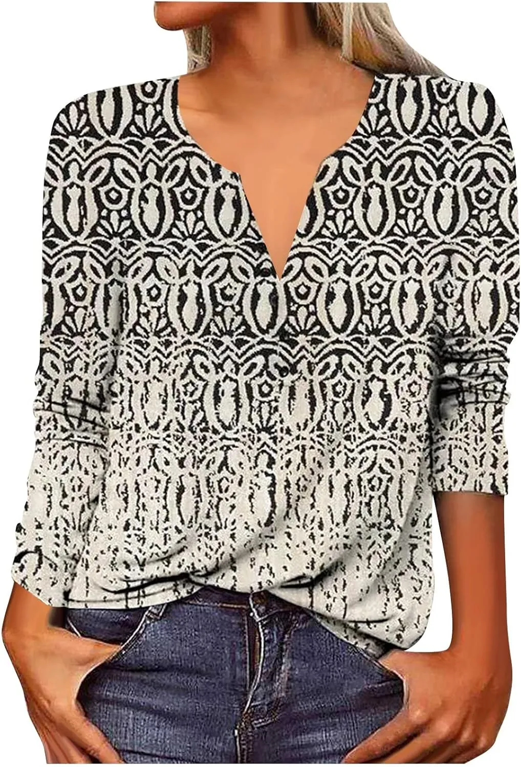 Classic Oversized School Tops for Women Three Quarter Sleeve Summer Floral Softest Tee Thin V Neck Relaxed