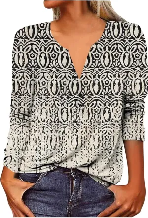 Classic Oversized School Tops for Women Three Quarter Sleeve Summer Floral Softest Tee Thin V Neck Relaxed