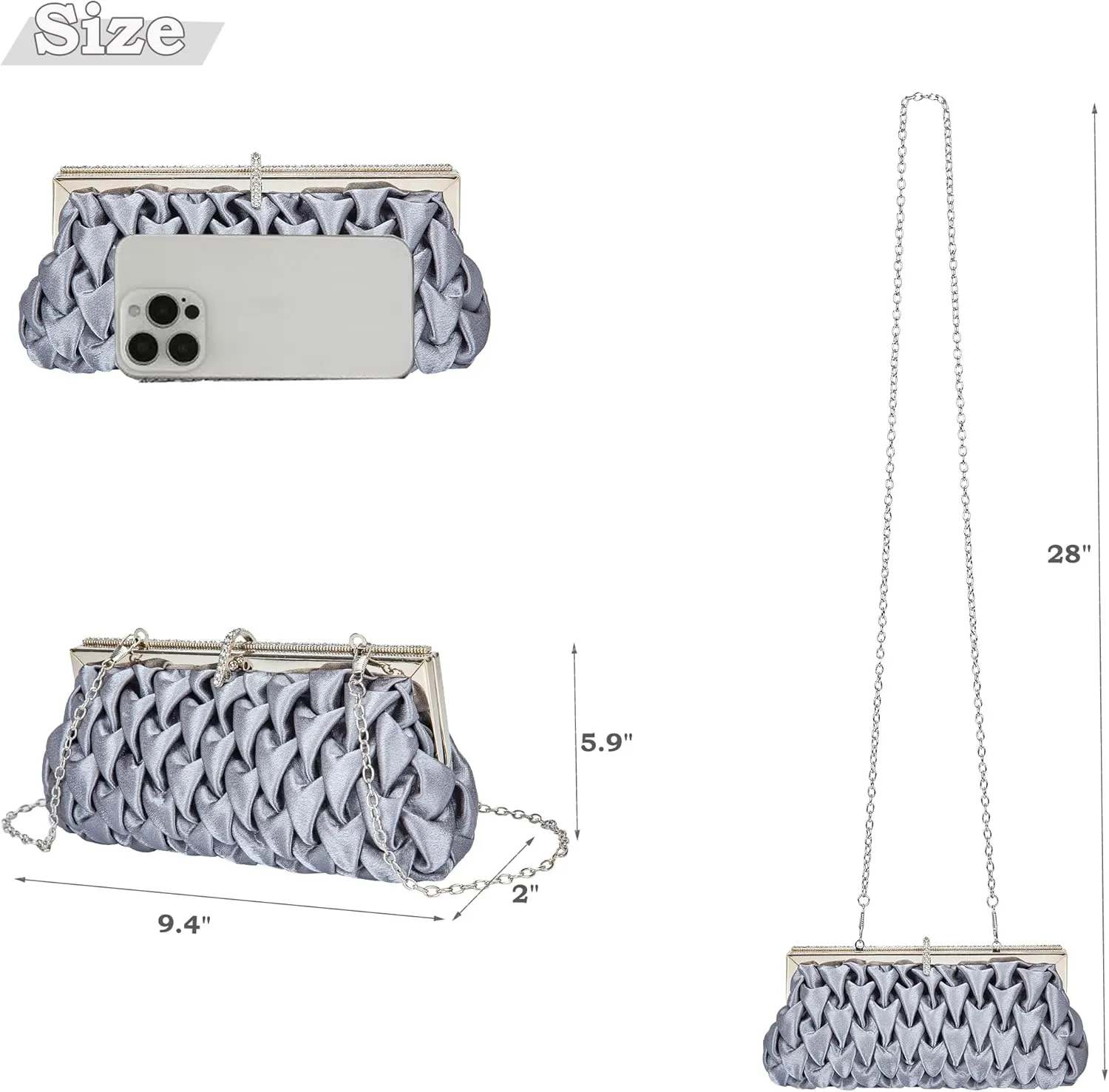 Classic Satin Clutch Bag Diamante Embellished Formal Evening Handbag for Wedding Prom Party Purses