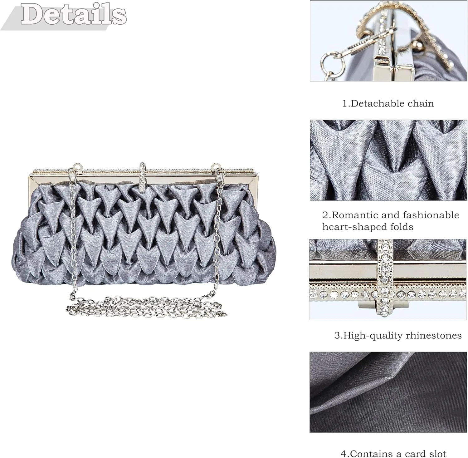 Classic Satin Clutch Bag Diamante Embellished Formal Evening Handbag for Wedding Prom Party Purses