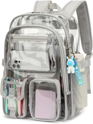 Clear Backpack Heavy Duty Transparent Backpacks Stadium Approved for School Work Sport Travel (Grey)