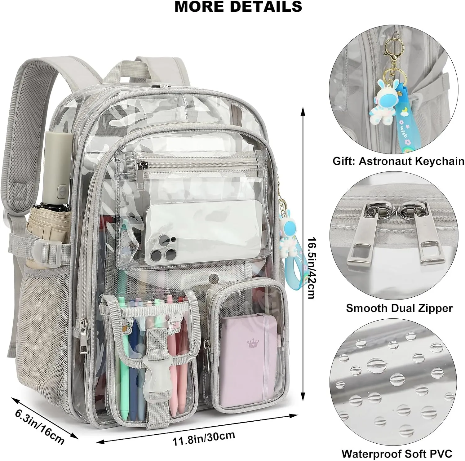 Clear Backpack Heavy Duty Transparent Backpacks Stadium Approved for School Work Sport Travel (Grey)