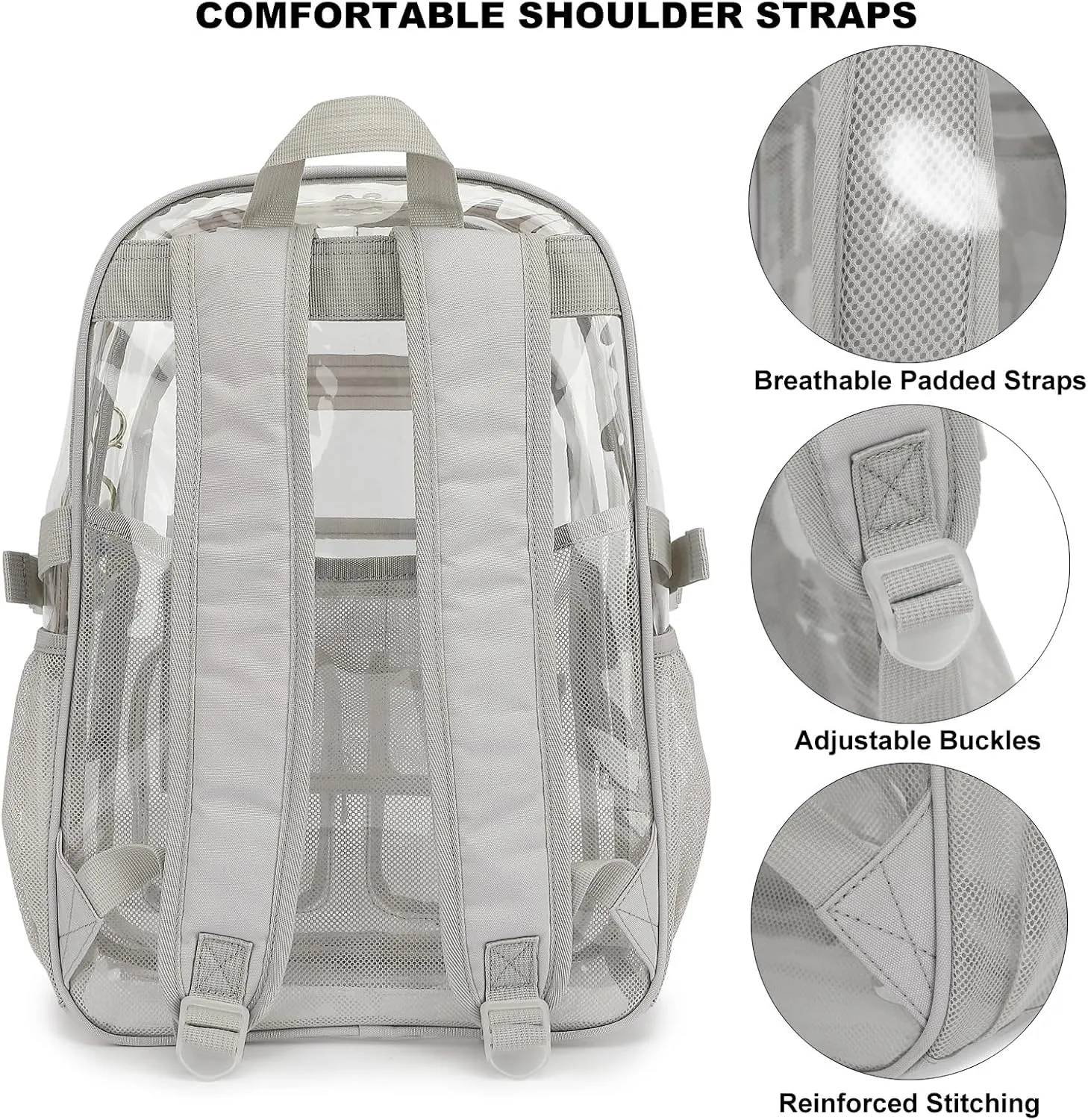 Clear Backpack Heavy Duty Transparent Backpacks Stadium Approved for School Work Sport Travel (Grey)