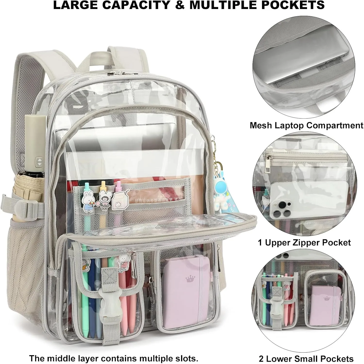 Clear Backpack Heavy Duty Transparent Backpacks Stadium Approved for School Work Sport Travel (Grey)