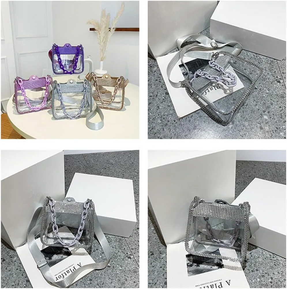 Clear Chain Evening Clutch Bag Stadium Approved Rhinestone Handbag Shoulder Bag Jelly Purse