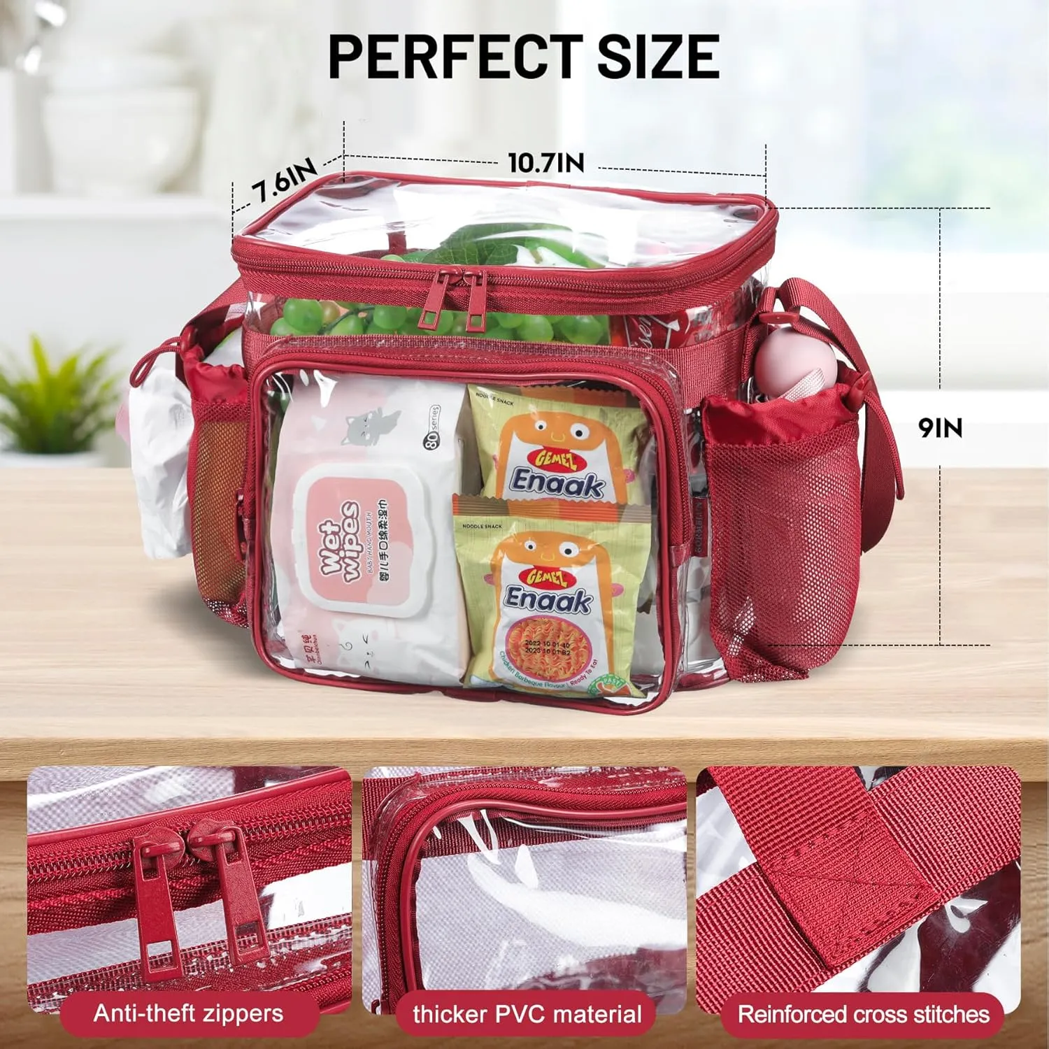 Clear Lunch Bag for Work, Correctional Officer Work shoulder crossbody tote Concets Approved Transparent see through plastic -Encore Red