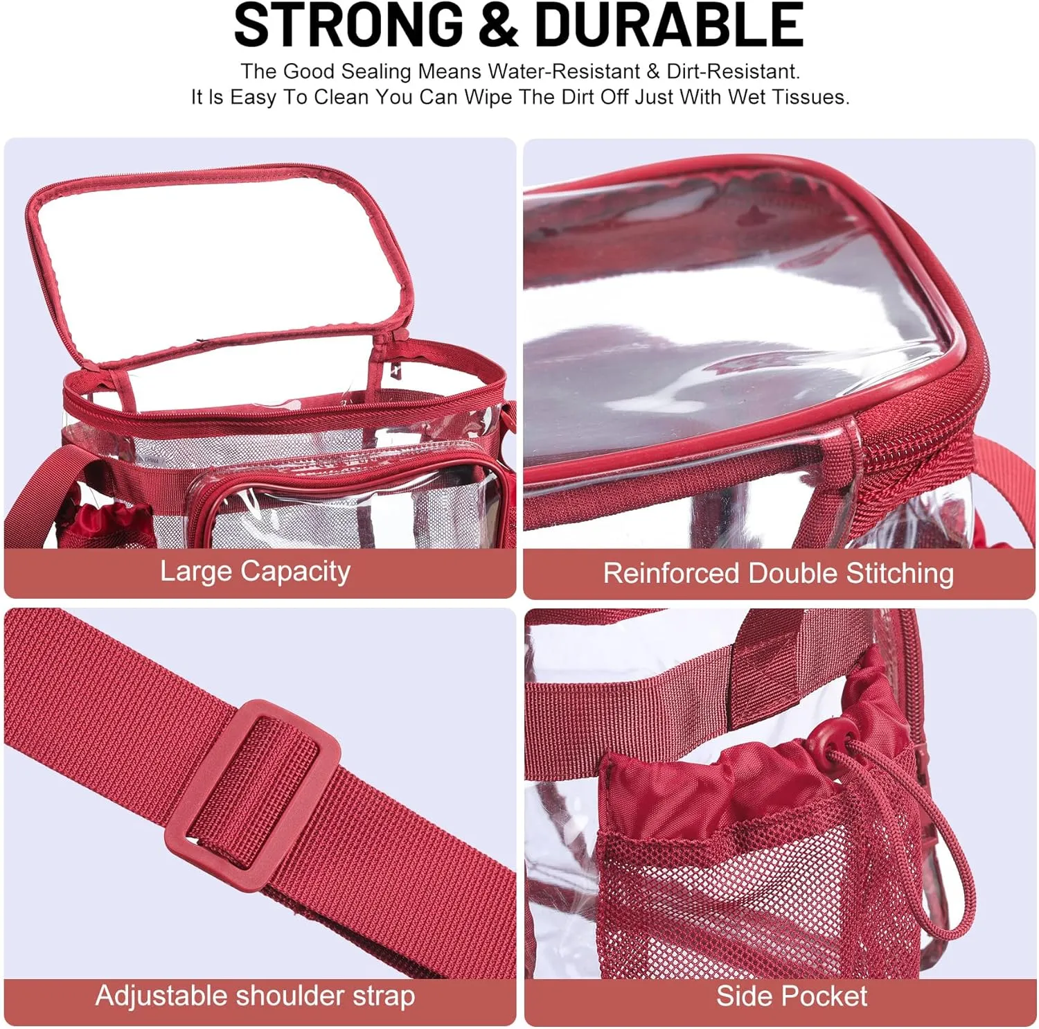 Clear Lunch Bag for Work, Correctional Officer Work shoulder crossbody tote Concets Approved Transparent see through plastic -Encore Red
