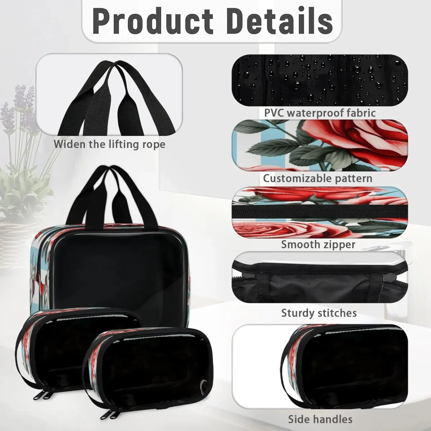 Clear Makeup Bag, 3 Pcs of Translucent Cosmetic Bags Set, Transparent Red Rose Flowers Travel Makeup Pouch, Waterproof Cute Toiletry Bag for Women (Striped Roses)