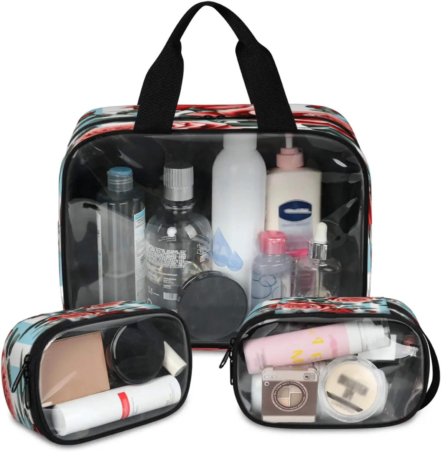 Clear Makeup Bag, 3 Pcs of Translucent Cosmetic Bags Set, Transparent Red Rose Flowers Travel Makeup Pouch, Waterproof Cute Toiletry Bag for Women (Striped Roses)
