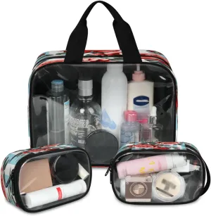 Clear Makeup Bag, 3 Pcs of Translucent Cosmetic Bags Set, Transparent Red Rose Flowers Travel Makeup Pouch, Waterproof Cute Toiletry Bag for Women (Striped Roses)